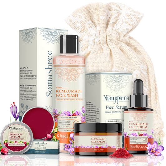 Khadi Pureus Herbals Kumkumadi Complete Kit (Face Serum+Night Cream+Face Wash+ Beetroot Lip Balm & Lip Scrub)