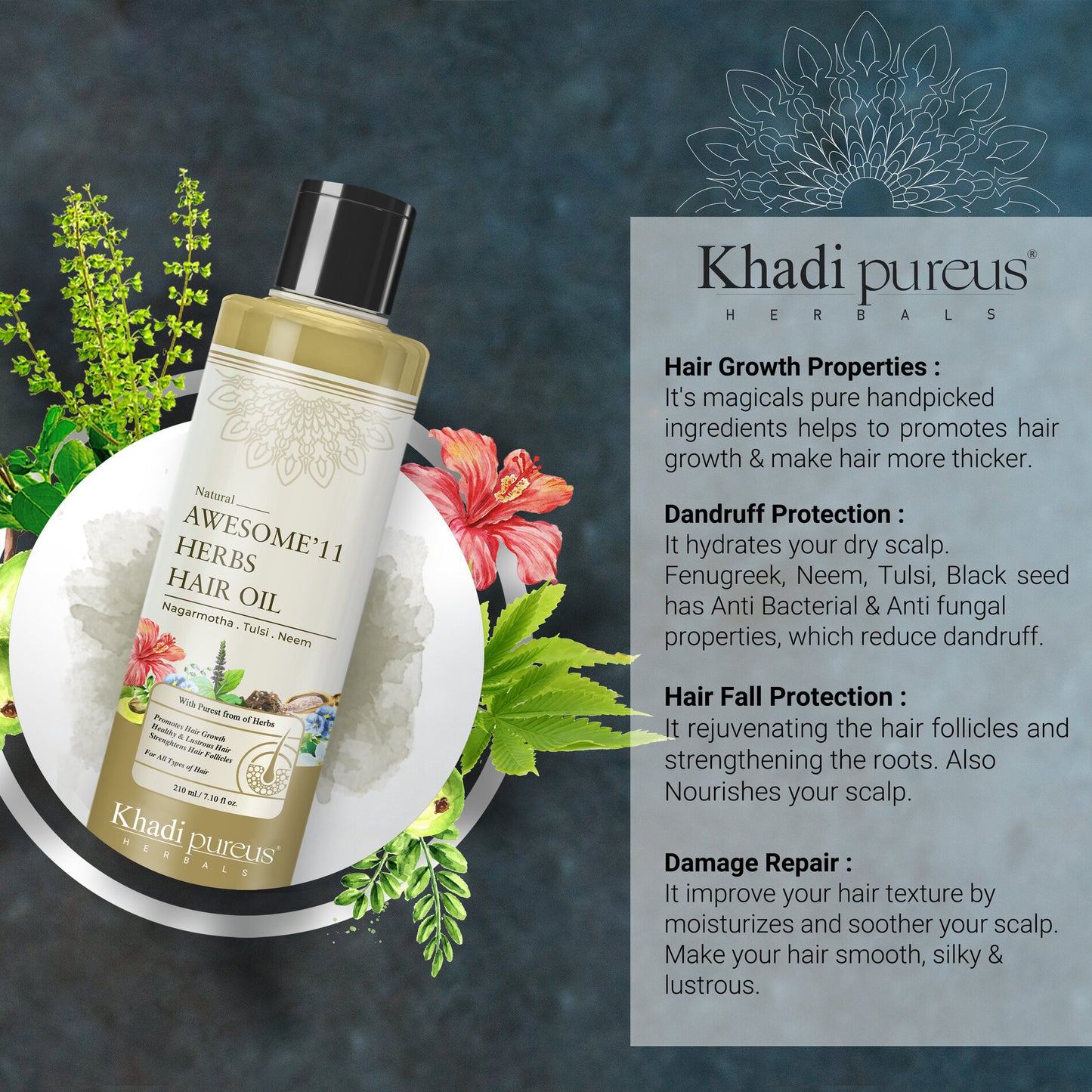 Khadi Pureus Herbals Hair Growth Combo Kit | 9 Herbs Scalp Spray Hair Growth Serum + 10 Herbs in 1 Shampoo + Awesome 11 Herbs Oil